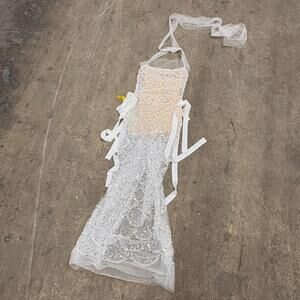 Sheer Silver Sequin Beaded Mermaid Halter Dress